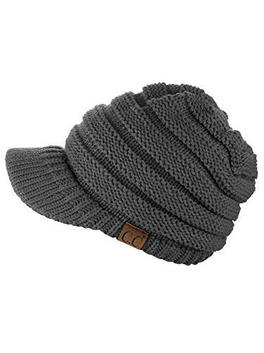 C.C Warm & Thick Cable Knitted Brim Visor Beanie Cap - color: Dark Melange Gray