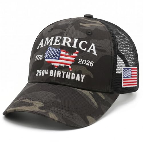 250th Anniversary USA Hat, Camouflage Mesh 250th Trucker Hat for Men Women - color: 07.250th-grey Camouflage