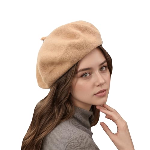 French Beret Hats for Women - Classic Wool Beret Hats Soft Knit Winter Cloche for Daily Outfits - color: Camel