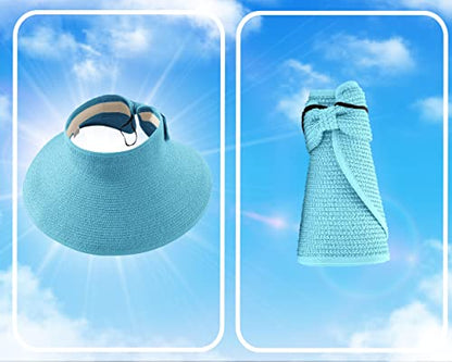 Straw Sun Visor for Women, Wide Brim UPF 50+ Protection Beach Hat, Adjustable, Roll Up Foldable Ponytail Cap with Chin Strap - color: Light Blue