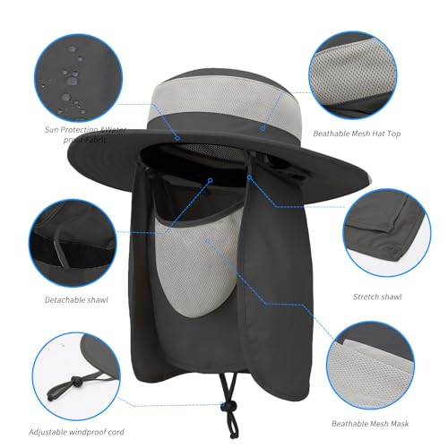 Outdoor Sun Hat UPF 50 Protection Waterproof Fishing hat Face Cover Summer Neck Flap Hat - color: Dark Gray Pro