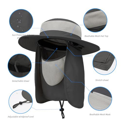 Outdoor Sun Hat UPF 50 Protection Waterproof Fishing hat Face Cover Summer Neck Flap Hat - color: Dark Gray Pro