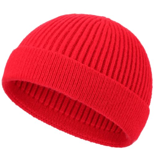Short Beanie for Men Women, Wool Knit Cuff Winter Fisherman Hats - color: 1pcs-red