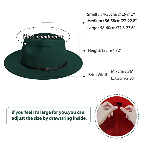 jingsha Fedora Hats for Men & Women Wide Brim Fedora Felt Panama Hat Men's Dress Hats with Belt Buckle - color: Dark Green-red(inside), size: Medium
