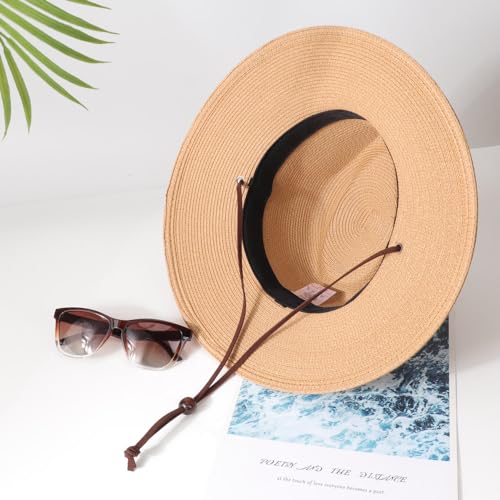 DRESHOW Womens Summer Straw Sun Hat Wide Brim Bucket Hats Fedora Hat Panama Beach Hat with Chin Strap UPF 50+ - color: 1 Pc Panama Fedora: Khaki