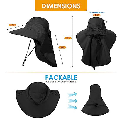 Womens Sun Hat UV Protection, Foldable Waterproof Wide Brim Bucket Hats with Neck Flap for Summer Beach Fishing Hiking - color: Black