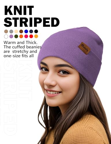 Beanie Hats for Men Women Knit Winter Hat, Warm Skull Stocking Cap, Striped Snow Hat Heated Cuffed Beanie - color: 2p-black+purple
