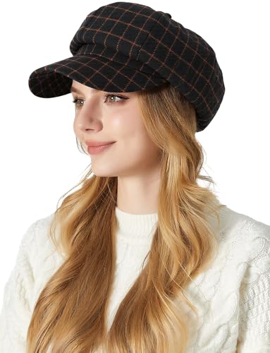 FEOYA Women Newsboy Hat Plaid Cabbie Caps Cotton Casual Stylish Beret Cap Paperboy Hats - color: Plaid-black