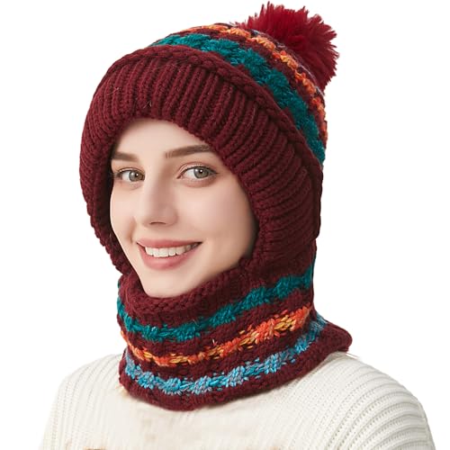 HUAMULAN Women Winter Knit Beanie Hats One Piece Fleece Lined Balaclavas - color: Wine Red + Colorful Stripe
