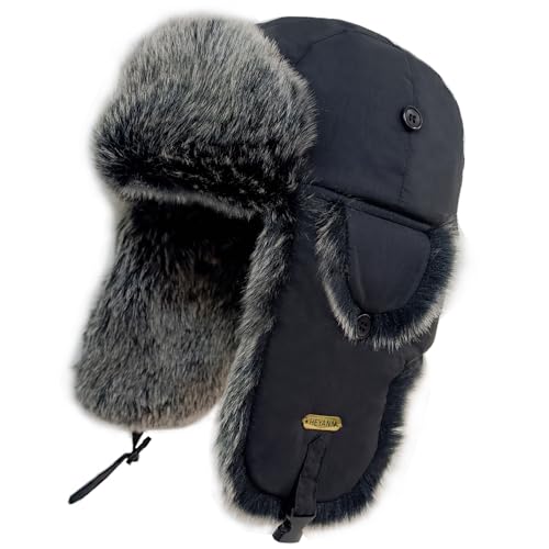 Trapper Hat for Men Women Faux Fur Aviator Russian Ushanka Hat Winter Hunting Hats with Ear Flaps Fur Tropper Bomber Ski Hats - color: Black-blackyang, size: Small-Medium