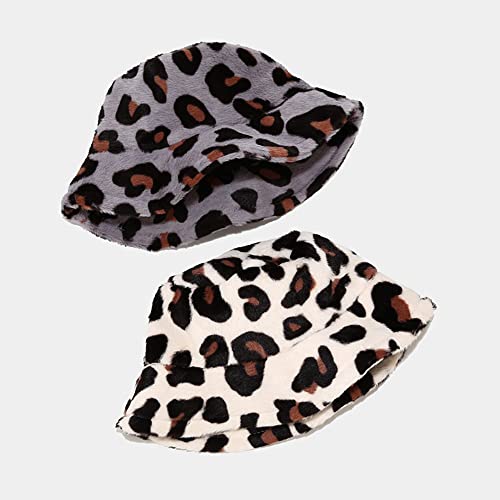 Dirholl Women's Winter Faux Fur Fuzzy Warm Bucket Hat - color: Big Leopard Gray