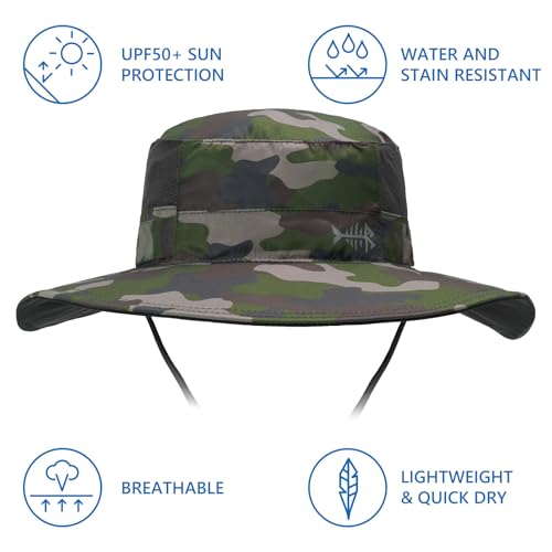 BASSDASH UPF 50+ Fishing Sun Hat Water Resistant Unisex Wide Brim Bucket Boonie Hat for Hiking Camping Safari FH15 - color: Army Green Camo, size: Large