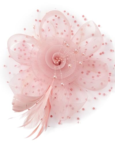 Century Star 2026 Kentucky Hat Derby Fascinator for Women Tea Party Flower Mesh Ribbons Feathers Headband Hair Clips - color: Light Pink