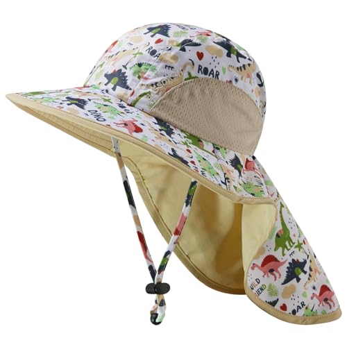 BASSDASH Kids UPF 50+ Wide Brim Sun Hat with Neck Flap Lightweight Cooling Performance Toddler Girls Boys Outdoor Play Hats - color: Cream/Dinosaur, size: Small