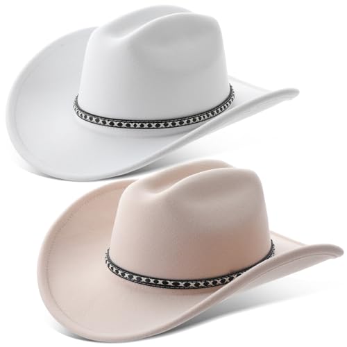 Chicingyou 2 Pcs Western Cowboy Hats for Women and Men Classic Wide Brim Felt Hats for Cowboys and Cowgirls Accessories - color: White, Creamy White