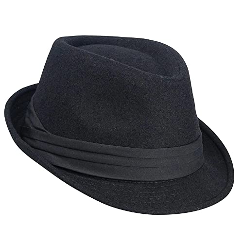 Unisex Classic Fedora Hat Men Women Manhattan 1920s Short-Brim Jazz Hats - color: Black/Tri-fold Strap