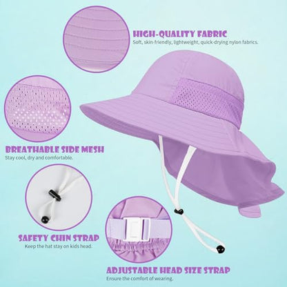 Toddler Baby Sun Hat Kids Summer Beach Essentials Adjustable Beach Hats with Bucket Wide Brim for Boys Girls Age 0-14 Years - color: 2 Pack - Purple+white, size: 6-24 Months