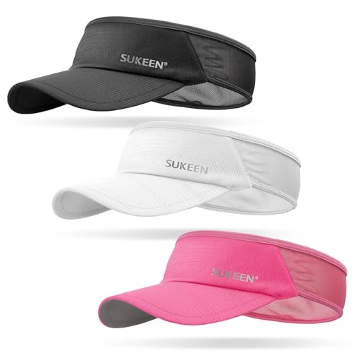 Sukeen 3 Pack Sports Sun Visor Men Women Lightweight Packable Cooling Stretchy Visor Hat for Running, Tennis, Golf - color: Black/White/Rose Red