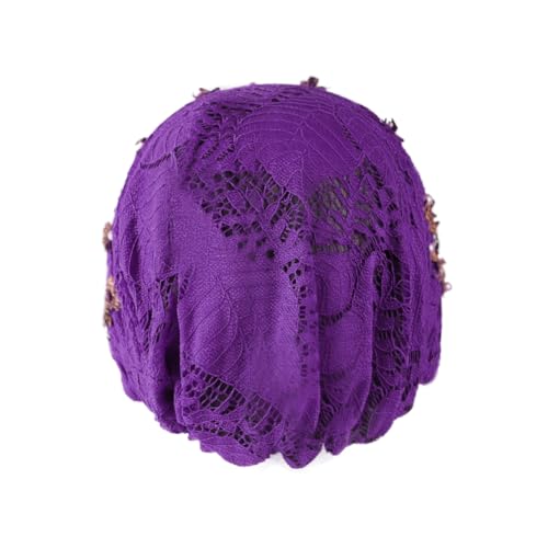 haozaikeji Women Flower Turban Hat Rhinestones Muslim Islamic Head Wrap African Pearl Turban Soft Stretchy Head Cover - color: Purple