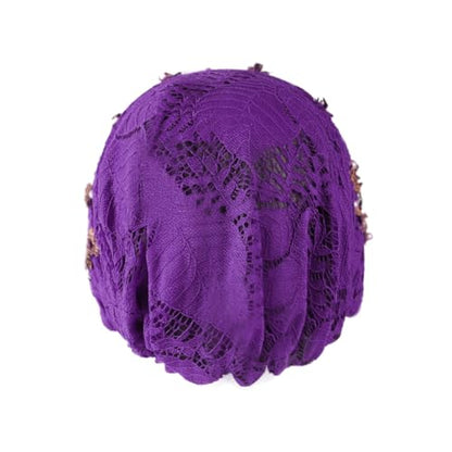 haozaikeji Women Flower Turban Hat Rhinestones Muslim Islamic Head Wrap African Pearl Turban Soft Stretchy Head Cover - color: Purple