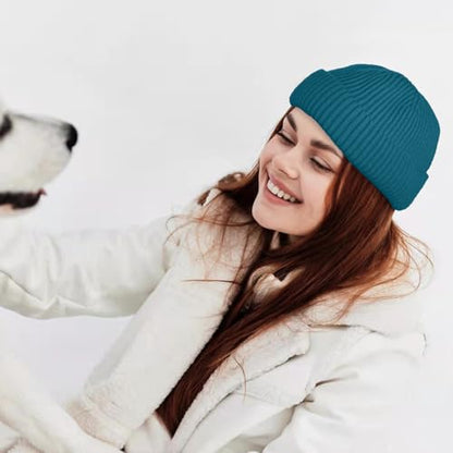 ROYBENS Swag Wool Knit Cuff Short Fisherman Beanie for Men Women Winter Hat - color: 1pcs-azure Blue