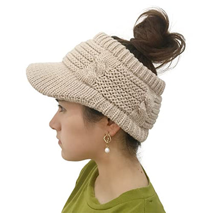 XYIYI Beanie Tail Winter Warm Knit Messy High Bun Ponytail Hats Visor Beanie Cap - color: Beige
