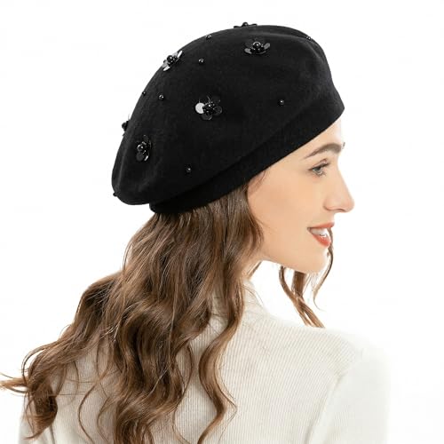 ZLYC Women French Beret Hat Reversible Knit Thickened Warm Artist Cap - color: Paillettes Black