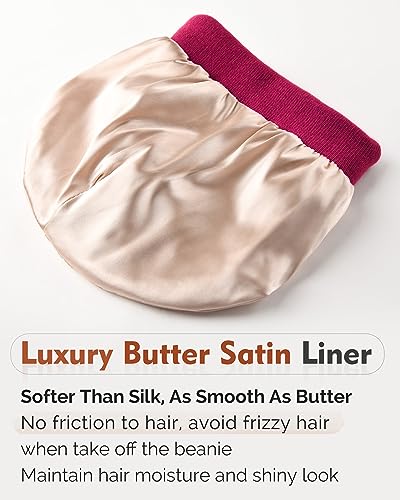 YANIBEST Satin Lined Beanie for Women, Reduce Frizz Winter Hats - color: Ad-hot Pink