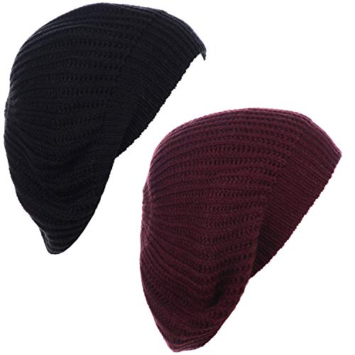 an Fall Winter Knit Beanie Beret Hat for Women Soft Knit Lining Many Styles - color: Burgundyblack