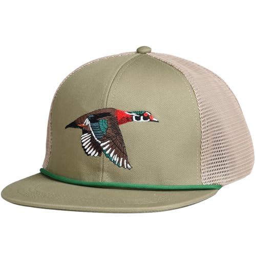 EDTREK Outdoorsman Pro Trucker Breathable Mesh Performance Cap - Flat Brim Snapback Hat - color: Wood Duck With Rope Olive