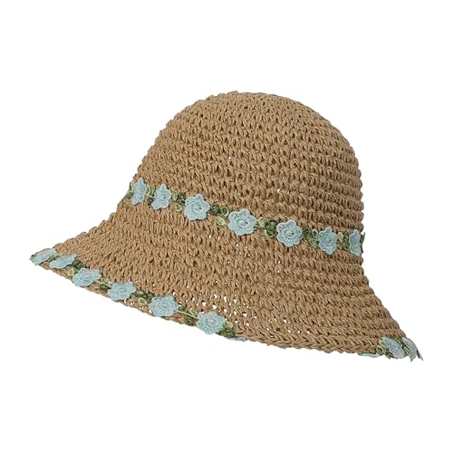 Womens Little Girls Summer Crochet Straw Bucket Hat Colorful Floppy Sun Shade Boonie Cap Wide Brim Beach Vacation Sun Hat - color: Beige, Blue Flowers, size: 2-5T