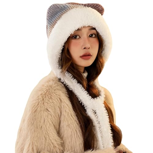HUAMULAN Women Winter Sherpa Knit Beanie Hat Fleece Lined Ear Flaps - color: Purple and White