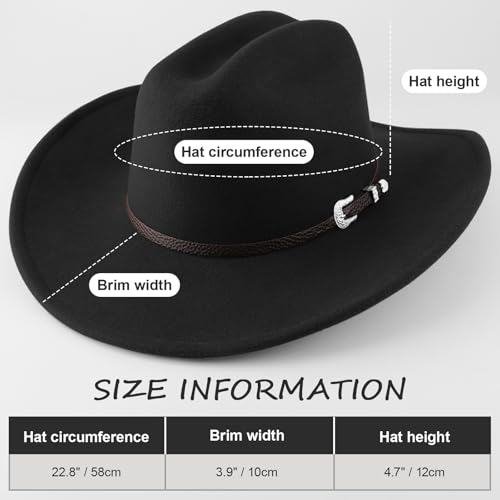 AQOKKA Western Cowboy Hats for Women Classic Felt Wide Brim Fedora Hat with Belt Buckle Retro Panama Hat Unisex Rolled up Cap - color: 1 Pc Fedora Hat : Black