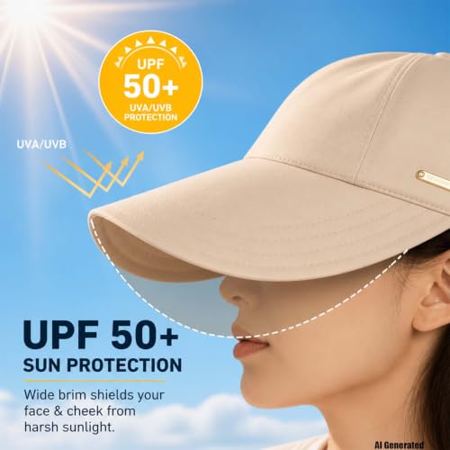 Women's Wide Brim Sun Visor Hat, UPF 50+ UV Protection Adjustable Cap - color: Beige+khaki