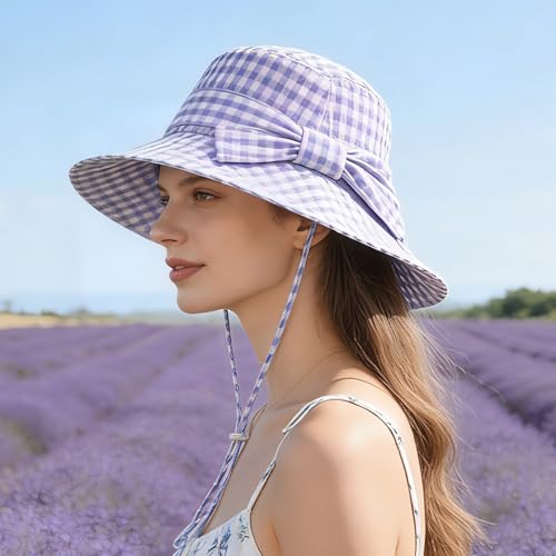 Women's Summer Plaid Sun Hat 100% Cotton Beach UV Protection Fishing Hat - color: Purple