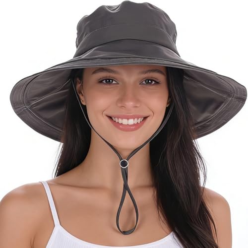 Women's UPF 50+ Waterproof Wide Brim Sun Bucket Hat with Ponytail Hole - color: Dark Grey