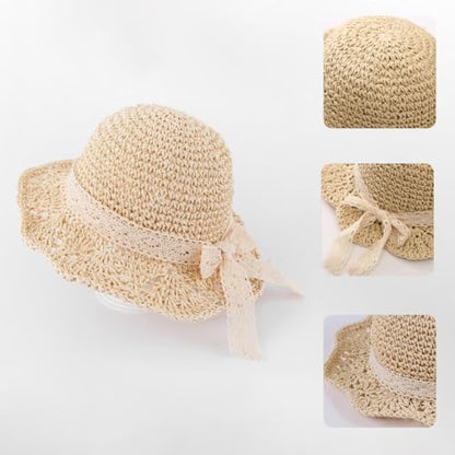 리본이 달린 유아용 밀짚 모자, UPF 50+ 접이식 해변 햇빛 차단 캡 아기용 - color: 베이지., size: 2-5T