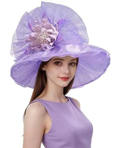 Organza Church Derby Hats for Women Wedding Tea Party Fascinator Floral Wide Brim Sun Hat - color: Style01 Lavender Purple