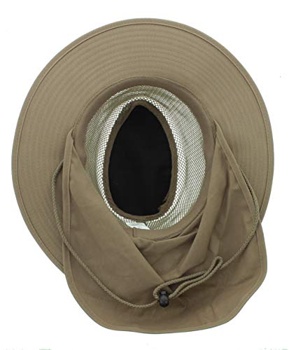 Wide Brim Outdoor Safari Summer Sun Hat with Neck Flap - color: Brown - Mesh Crown, size: Large