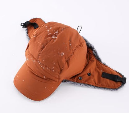 Home Prefer Waterproof Mens Faux Fur Trooper Trapper Hat Hunting Warm Winter Hat with Ear Flaps Visor Face Mask - color: Caramel Brown