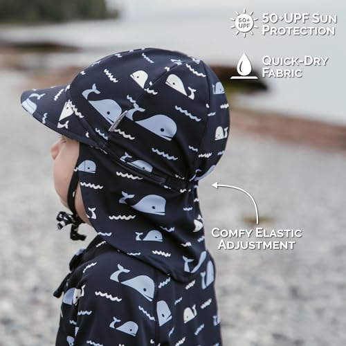 JAN & JUL Baby Sun-Hat with Neck Flap for Swimming - color: Navy Whale Tales, size: 3-6 Months