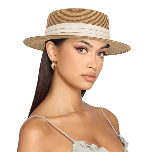 Straw Boater Summer Sun Hat - Wide Brim Fedora Panama Beach Hat for Women - color: Beige Band