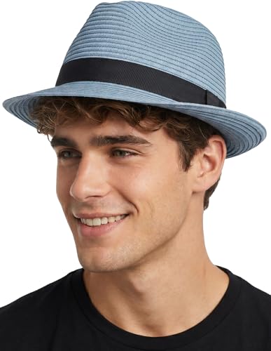 Funky Junque Packable Straw Fedora, Mens Panama Trilby Hat - color: Light Blue, size: Small-Medium