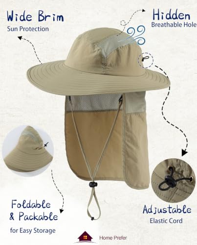 Home Prefer UPF 50+ Sun Hat with Neck Flap Wide Brim Fishing Hat for Men - color: Light Vert Khaki