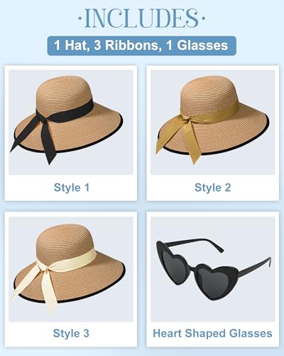 Sun Straw Hats for Women, Wide Brim Summer Beach Hat - color: Khaki Black, size: X-Large