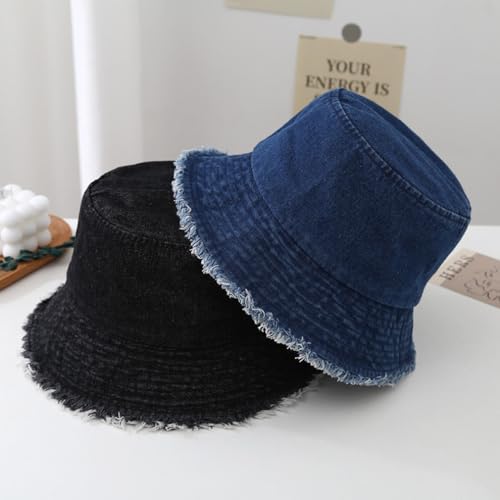 Quanhaigou Frayed Unisex Sun Hats, Fashion Beach Bucket Hat for Men Women,Summer Outdoor Boy's Girls Boonie Cap - color: Denim Black