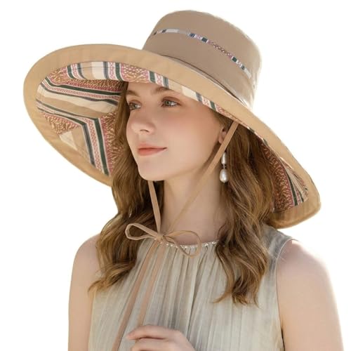 Reversible Wide Brim Sun Hat, Double-Sided Bucket Hat with Chin Strap, Packable UV Protection Beach Hat, Yellow - color: Khaki