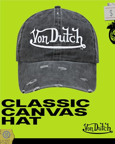 Von Dutch Unisex Cotton Canvas Baseball Cap, Curved Brim, Snapback - color: Black Distressed