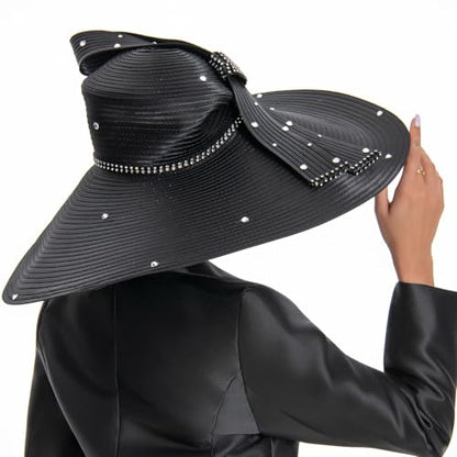 Women's Dramatic Giant Wide Brim Rhinestone Church Hat Statement Turban Fascinator for Wedding Chapel Baptist Sunday - color: 16-black