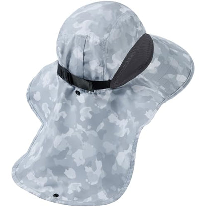 BASSDASH UPF 50+ Unisex Water Resistant Wide Brim Sun Hat with Large Neck Flap Ponytail Fishing Hat for Men Women - color: Light Grey Camo
